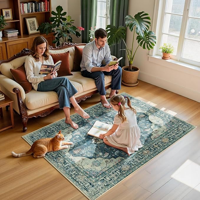 RELEANY Area Rugs 4'x6' Washable Non-Slip, Floral Vintage Distress Print Pattern Medallion Carpet for Living Room Bedroom Dining Room, Dark Blue Vintage