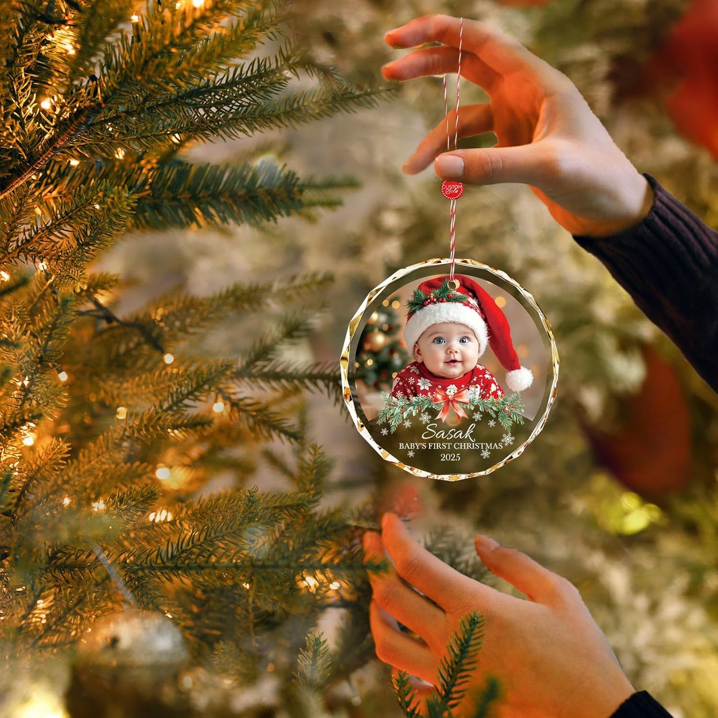 Bemaystar Personalized Babys First Christmas Ornament 2025 Girl Boy - 1st Christmas Ornament 2025 with Photo Text, Personalized Christmas Ornaments for Baby, Xmas Gifts, Newborn Gifts for New Mom Dad