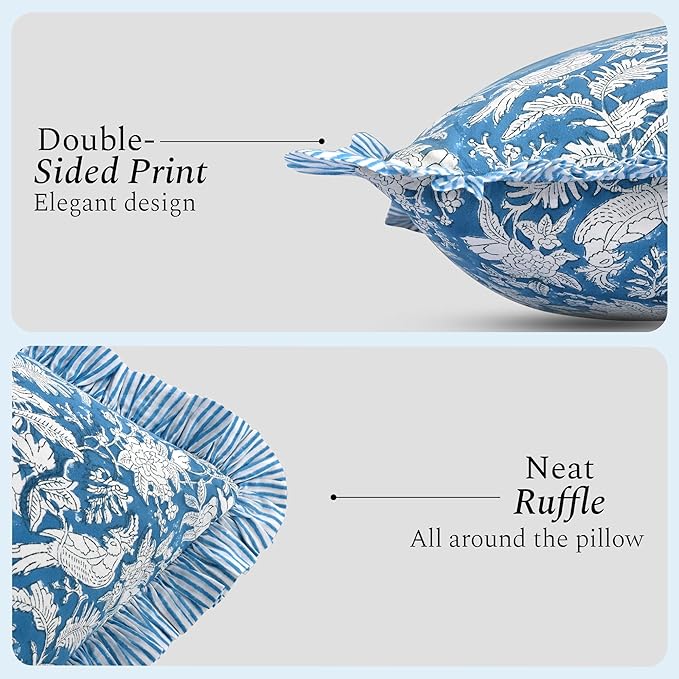 CPC Block Print Ruffle Throw Cover Blue Sapphire 20"x20" Inch Pack of 2-100% Cotton Ruffle Couch Decorative Boho Pillows Case for Living Room, Bedroom, Sofa, Farmhouse Gift for Spring, Mother's Day