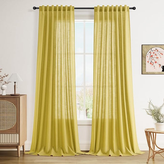 Nanspring Celery Yellow Curtains 120 Inches Long 2 Panels Set Back Tab Loop Pocket Linen Blend Light Filtering Semi Sheer Boho Decor Curtain for High Ceiling Living Room Drapes 52x120