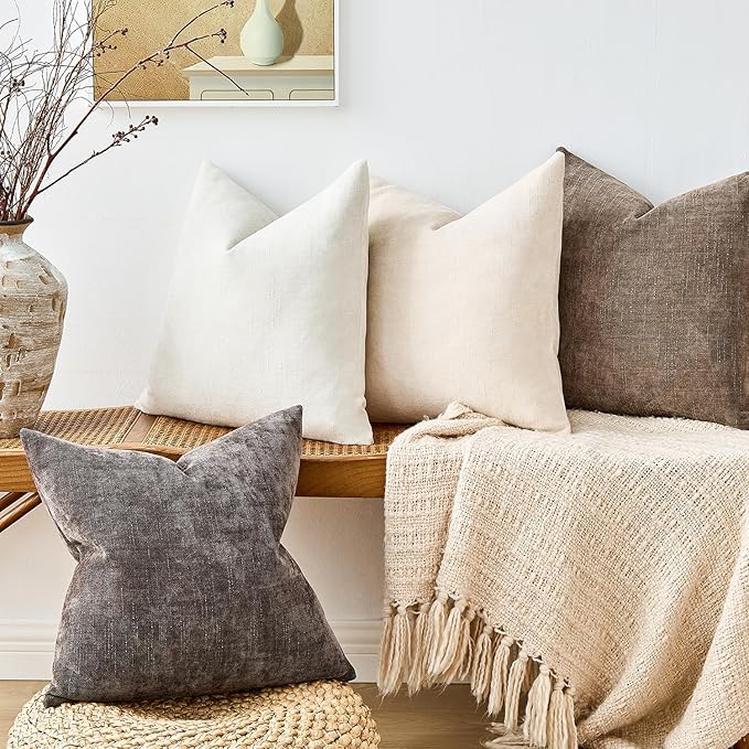 Pack of 4 Throw Pillow Covers 22x22 Inch Chenille Textured Neutral Soft Pillow Covers Solid Decorative Farmhouse Cushion Covers Home Boho Decor for Couch Sofa Bed Living Room