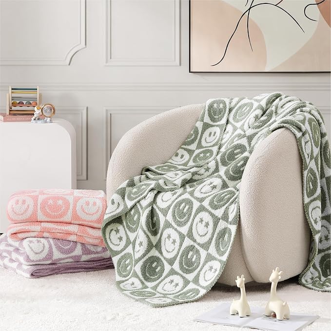 WRENSONGE Soft Checkered Throw Blanket for Couch-Cozy Warm Knitted Blankets | Lightweight Warm Fluffy Decor for Women, Mom, Her & Girls, Sofa, Chair, Bed, 50x60in, Seagrass Smiling Face