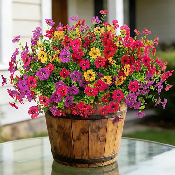 ADXORA 12 Bundles Artificial Flowers,Faux Plants for Spring Summer Decoration, UV Resistant Colorful Violets Eucalyptus for Outside Home Planter Porch Patio Yard Decor