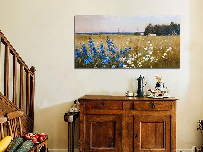 Ardemy Textured Vintage Countryside Canvas Wall Art - 48"x24" Large Framed Flower Field Painting, Serene Blue & White Wildflower Landscape Artwork for Living Room Bedroom Home Office Dining Room Decor