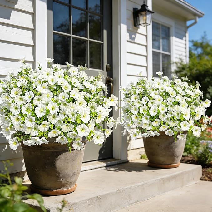 Ouddy Decor 24 Bundles Artificial Flowers for Outdoors, Fake Petunias Flowers Silk Morning Glory with Eucalyptus Faux Plants for Indoor Outside Spring Summer Yard Garden Porch Home Decor, White