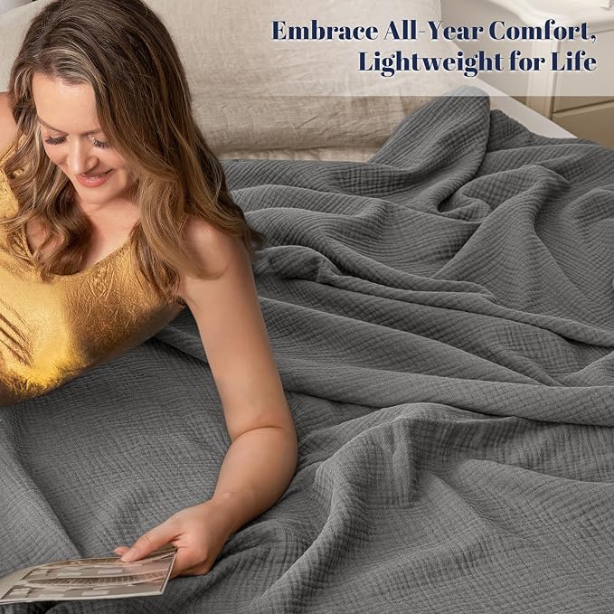 PHF 100% Cotton Muslin Blanket King Size 108"x90", 4-Layer Lightweight Gauze Throw, Breathable Cloud-Soft Minimalist Blanket for Bed, Couch, Camping & Baby, Greyish Black, Ideal Gift