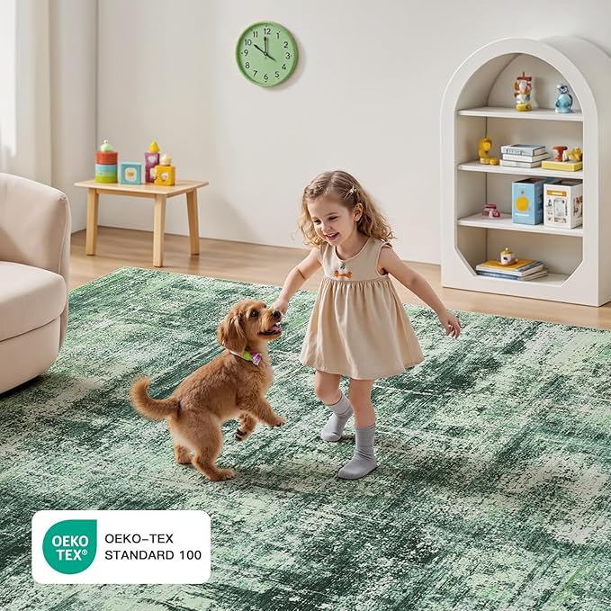 Lofus 5x7 Area Rug for Living Room, Green Abstract Rugs with Non-Slip Backing, Neutral Modern Washable Carpet for Bedroom Dining Room Home Office Nursery Indoor