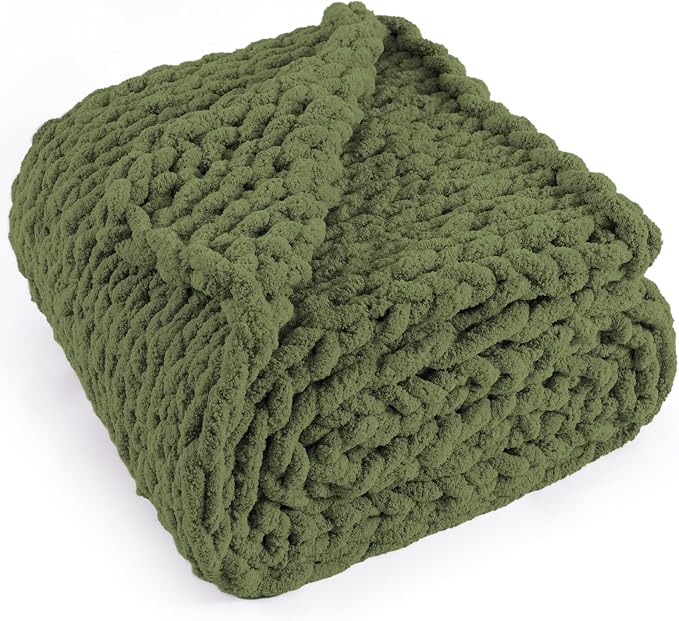 Chunky Knit Throw Blanket 50x60, 100% Handmade Chenille Yarn | 4.4lbs Soft Thick Cable Knitted Blankets, Large Rope Knot Crochet Throws for Couch Sofa Bed Christmas Fall Decor, Olive Green