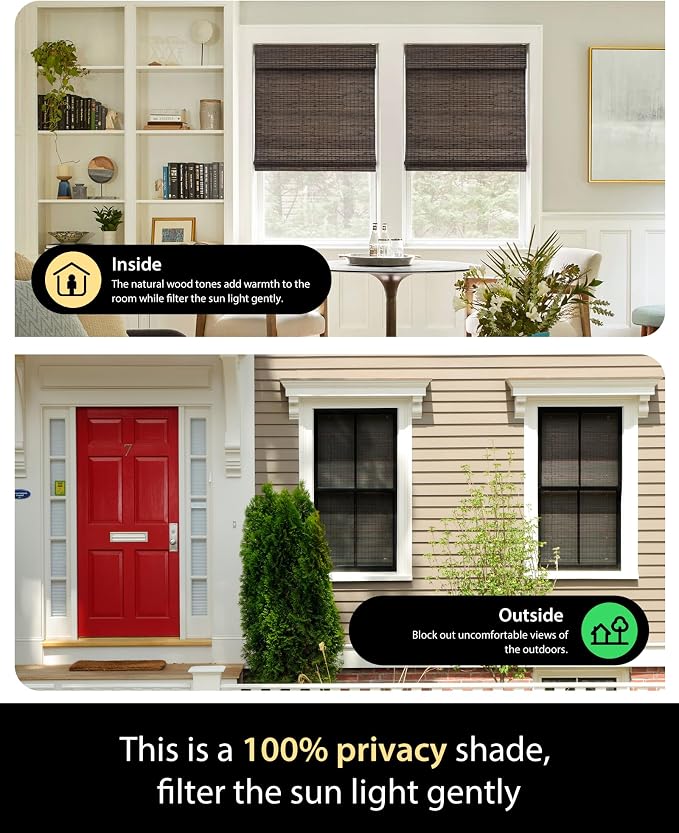 UNISHADES Cordless Bamboo Roman Shades, 32.5×64 in, BDP-Espresso | Wide Bamboo Strip Weaving Technique, High light-blocking capacity, High Level of Privacy Protection