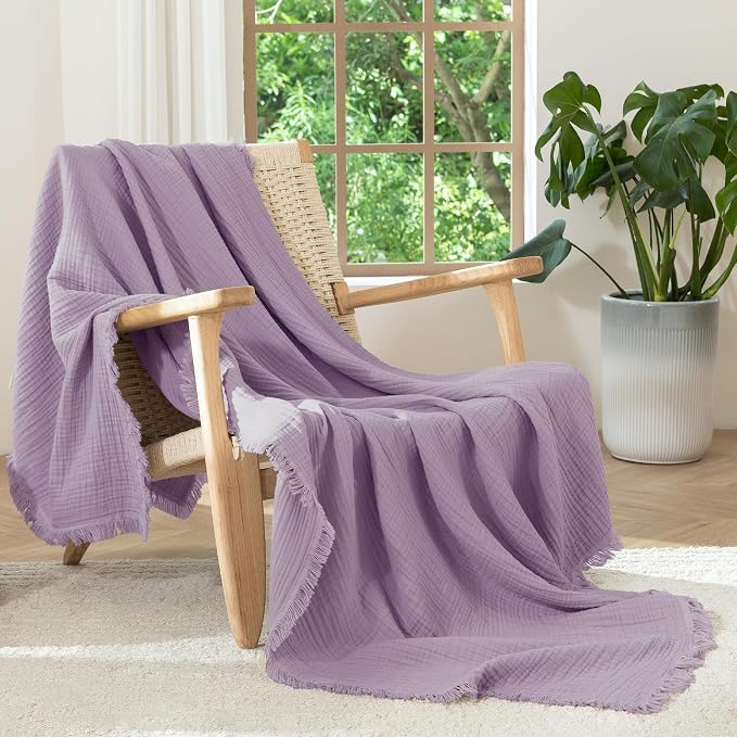 MooMee Muslin Blanket - 100% Cotton 4-Layer Gauze Throw Blanket with All-Around Fringe, Soft Breathable Lightweight Cooling Summer Blankets for Bed Couch(Light Purple,Twin XL 66" x 90")