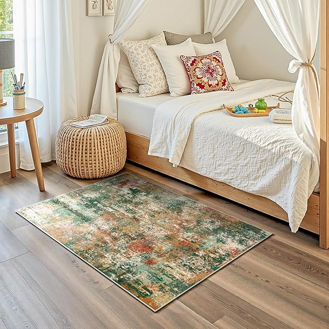 RELEANY Washable Area Rugs 3'x5' Non-Slip Modern Abstract Soft for Living Room Entryway Bedroom Nursery, Print Pattern, Green Orange Rust Red Cream Colorful