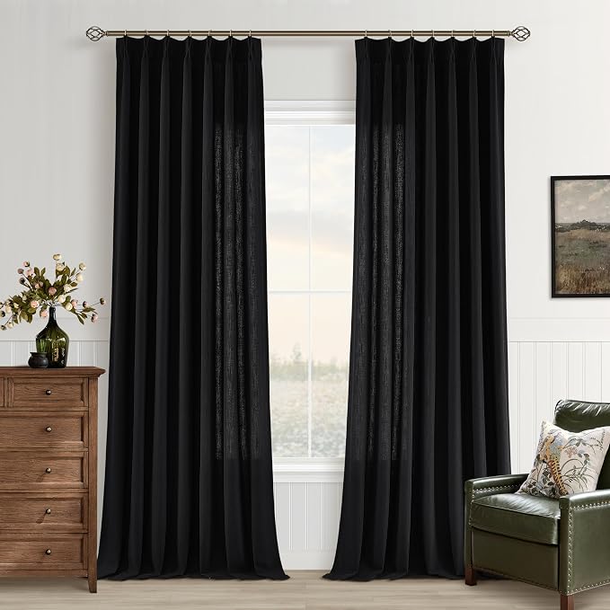 Black Pinch Pleated Semi Sheer Linen Curtains 96 Inch Long for Living Room | Light-Filtering Privacy, Dining Room Bedroom Office, Faux Textured, Memory Shape Hook Rings, Luxury, Room Divider, Drapes