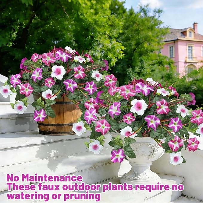 Artificial Flowers Plants for Outdoors, 6PCS UV Resistant Faux Flowers Outdoor Plants, Fake Petunias Silk Flowers for Garden Balcony Yard Porch Decor (White Red Lotus)