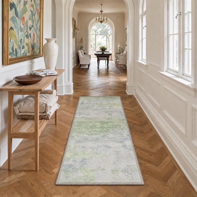 BEIMO 2X10 Runner Rug for Hallway Kitchen, Machine Washable Runners Rug for Entryway, Soft Modern Abstract Throw Rugs, Low Pile Floor Cover with Non Slip Backing, Light Blue Green