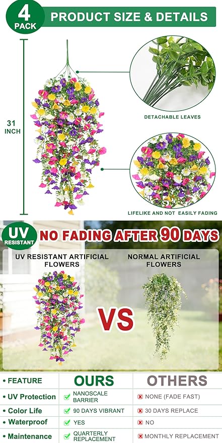 4PCS Artificial Hanging Flowers for Outdoors Summer Decoration, Fake Hanging Plants Faux Petunias with Eucalyptus, UV Resistant No Fade Plastic Realistic Silk Flowers for Porch Patio Balcony Indoor