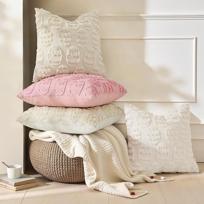 decorUhome Easter Beige Egg Pillow Covers 16x16 Inch Set of 2, Soft Plush Faux Wool Jacquard Cushion Covers, Farmhouse Neutral Fuzzy Spring Easter Holiday Decor for Couch Sofa Bed