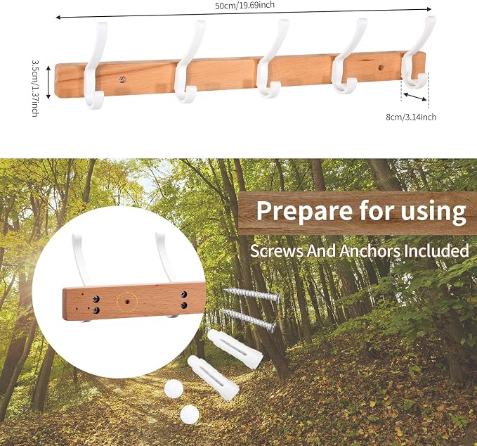 Coat Rack Wall Mounted, Heavy Duty Beech Wood Hook Rack Rail with 5 Double Dual White Metal Wall Hooks for Hanging Coats, 19.7" Long Hanging Coat Hanger for Entryway, Bathroom, Bedroom