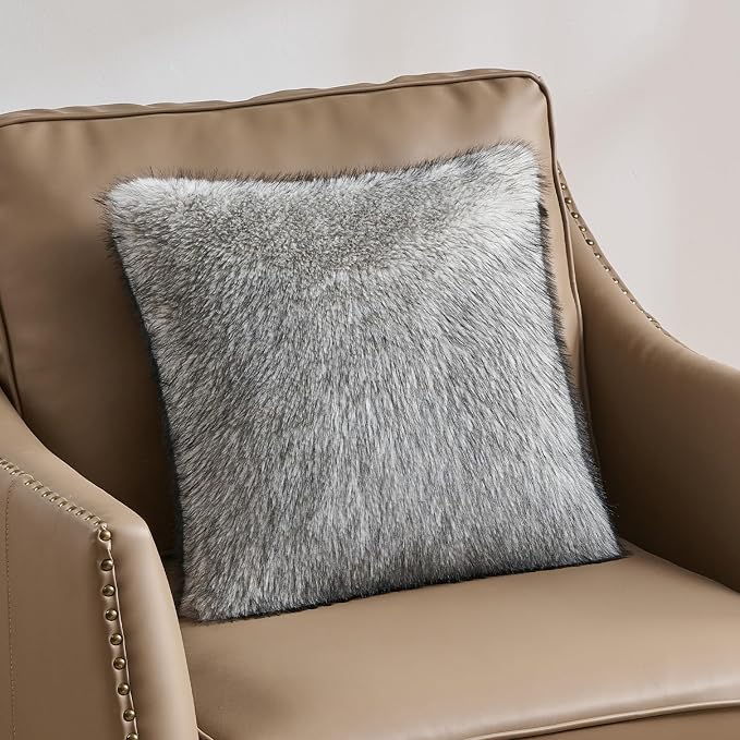 FUTEI Pack of 2 Faux Raccoon Fur Plush Throw Pillow Covers 18x18 Inch Soft Fluffy Farmhouse Decorative Cushion Case Modern Luxury Accent for Couch Bed Living Room, Beige Gray