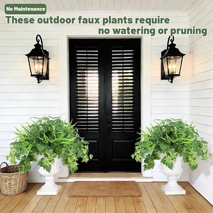 Artificial Hanging Plants with Basket, 5 PCS UV Resistant Fake Outdoor Greenery, Faux Grape Leaves for Home Garden Patio Front Porch Yard Decor