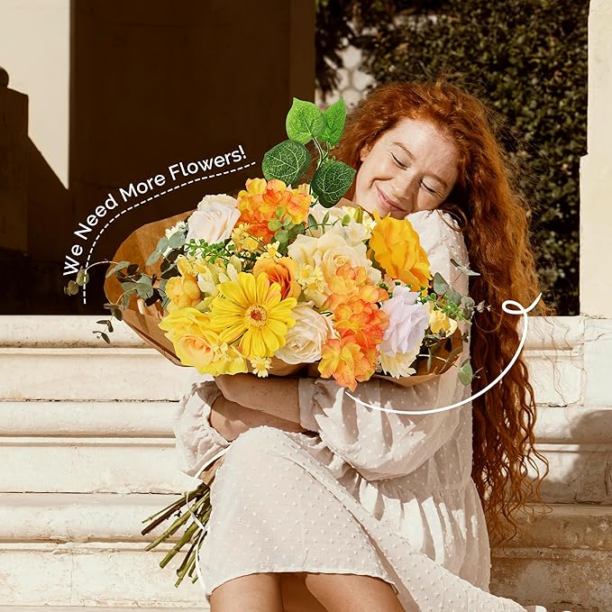 Artificial Flowers Combo Box, 31PCS Fake Flowers, Silk Flower Mix with Wire Stem, DIY Wedding Bridal Bouquet for Arrangement, Shower Party Home Décor | Golden Yellow & Ivory Mix