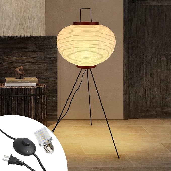 Japanese Rice Paper Floor Lamp, Cozy Paper Lamp Japandi Lantern Lights Wabi Sabi Style for Living Room Bedroom Office, 43 Inch Tripod Stand, White Lantern with E26 LED Bulb, 3000K/5000K