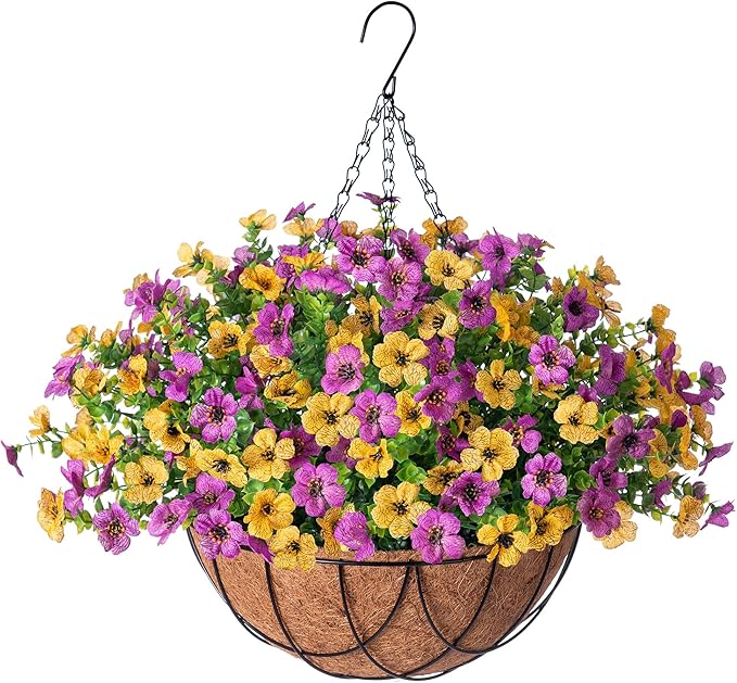 INXUGAO Artificial Silk Spring Flowers Hanging Basket for Outdoor Indoor, Daisy with Eucalyptus Leaves Arrangement for Yard Decor, Faux Green Plant in Metal Coconut Lining Pot(Purple Yellow)