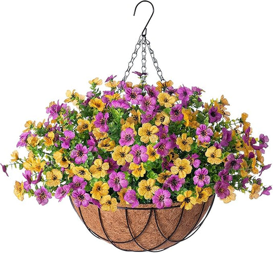 INXUGAO Artificial Silk Spring Flowers Hanging Basket for Outdoor Indoor, Daisy with Eucalyptus Leaves Arrangement for Yard Decor, Faux Green Plant in Metal Coconut Lining Pot(Purple Yellow)