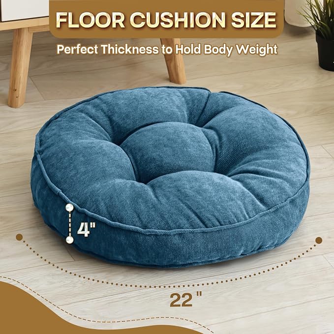 1 MIDDLE ONE Floor Pillow Set of 2, Memory Foam Floor Cushions for Adults, Large Meditation Pillow for Sitting, 22 x 22 Inches (Round | Navy)