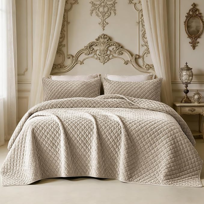 Velvet California King Quilt Size Set 106x118 Luxury Soft Bedspread Coverlet 3-Piece King Comforter Sets with 2 Pillow Shams 20x36 Super Cozy for All Seasons Velvet Bedding Set, Beige