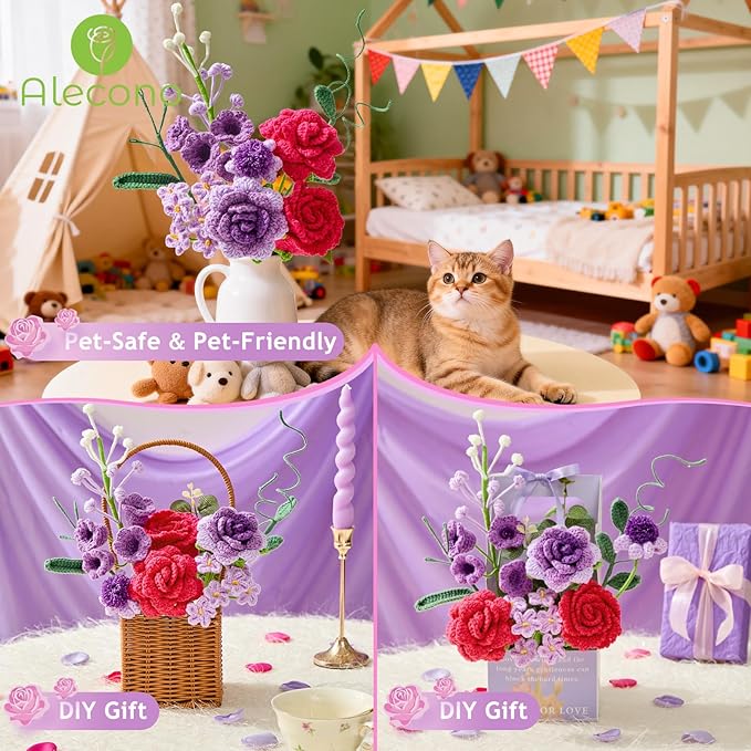 Alecono Crochet Flower Bouquet, Purple and Hot Pink Knitted Flowers, Crochet Roses Flower for Valentine Day Lover Anniversary Birthday Mother's Day Graduation Gifts (with Card)
