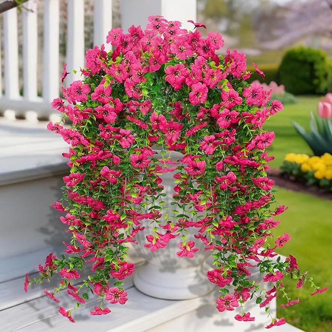 LikSoor 4 Pcs Artificial Outdoor Hanging Plants Spring Summer Decoration UV Resistant Faux Silk Flowers for Outside, Garden, Porch, Window, Home Decor (Rose Red)