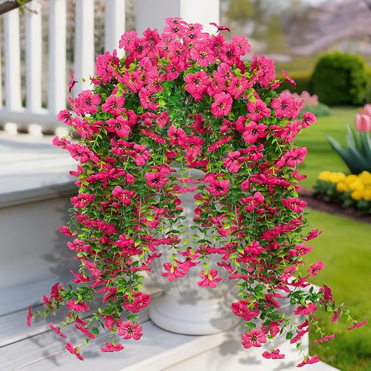 LikSoor 4 Pcs Artificial Outdoor Hanging Plants Spring Summer Decoration UV Resistant Faux Silk Flowers for Outside, Garden, Porch, Window, Home Decor (Rose Red)