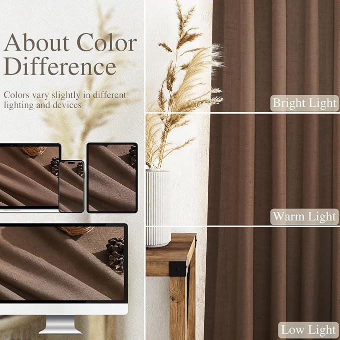 Caramel Brown Linen Curtains for Living Room 94 Inches Long Back Tab and Rod Pocket Light Filtering Semi Sheer Vintage Rustic Curtain Luxury Boho Decor Drapes for Bedroom Office 52x94, 2 Panels