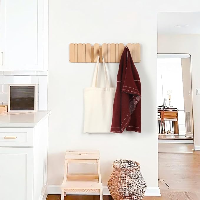 Wall Coat Rack for Entryway: Wooden Modern Heavy Duty 8 Hooks 21.6'' Retractable Wall Mounted for Boho Home Decor Hallway Bathroom Bedroom for Hanging Jacket Towel Backpack Bag