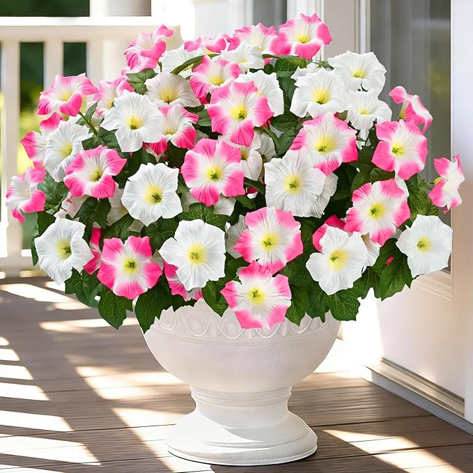 MARTINE MALL Artificial Flowers for Outdoors, 4 Bundles Realistic Fake Outdoor Flowers, UV Resistant Silk Petunia Flower for Outside Look Real Faux Flower Plants for Outdoor Porch Decor, Pink White