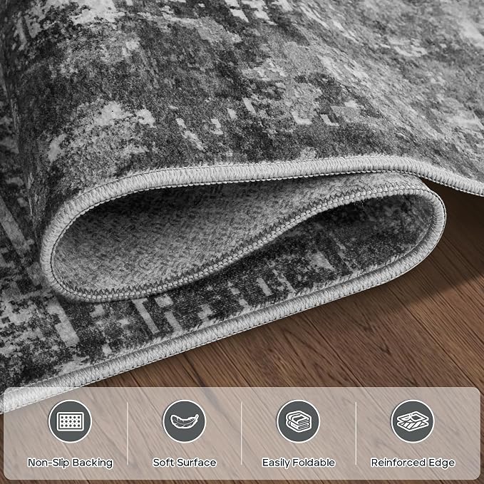 6x9 Area Rugs for Living Room Rug Washable: Modern Rug for Dining Room Bedroom Carpet Non Slip Low Pile 6 by 9 Indoor Abstract Nursery Home Office Black Grey