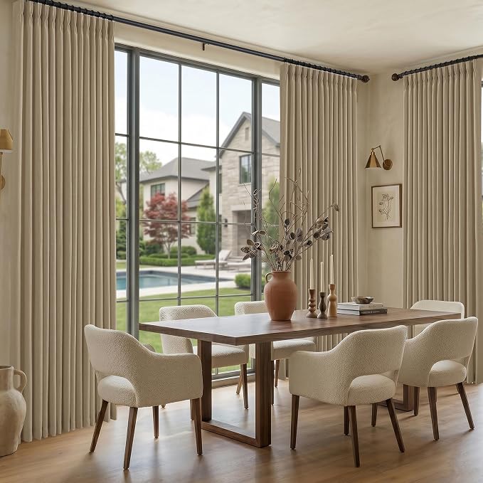 Pinch Pleated Linen Curtains 102 Inch, 2 Panels Premium 400GSM Memory Trained Semi Sheer Light Filtering Window Drapes for Living Room Bedroom Dining, Back Tab & Adjustable Hooks Rings, Grey Beige