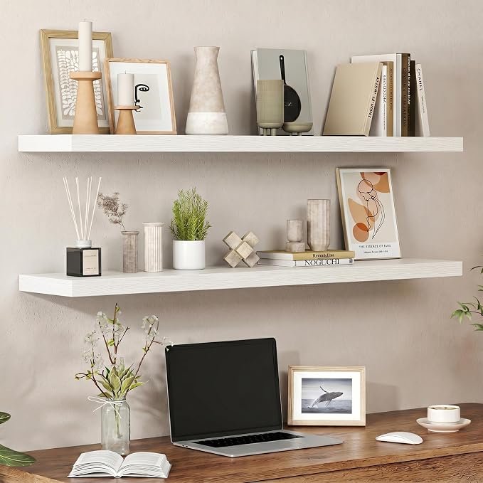 Heimlove Floating Shelves for Wall 48 Inches Long,9.3" Deep White Floating Shelf Set of 2,Wall Mounted Shelves for Bathroom Bedroom Living Room Kitchen Office,Shelf for Books Storage Room Decor