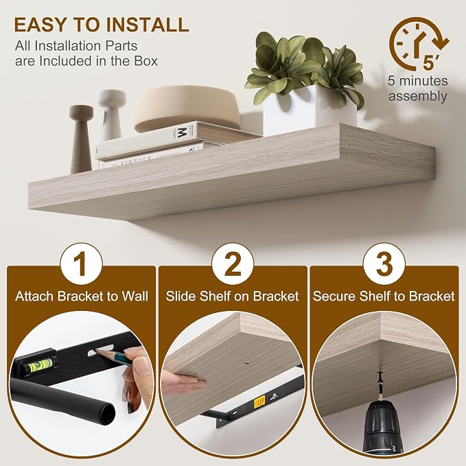 Fun Memories Floating Shelves for Wall, 32Inch Floating Shelves Set of 2, Hanging Shelf with Invisible Brackets, Wood Shelves for Living Room, Bedroom, Kitchen, Grey