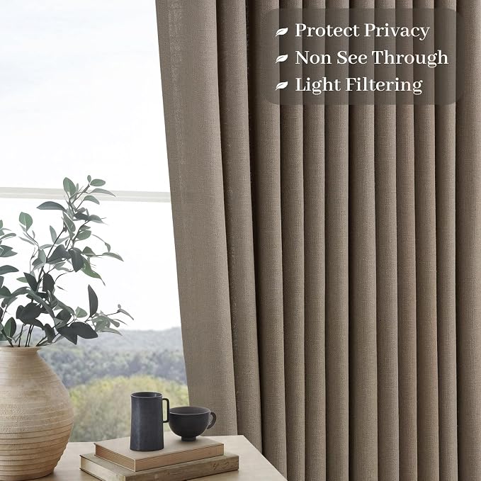 102 Inch Long Curtains Pinch Pleat Linen Curtains for Living Room Bedroom 2 Panels Espresso Thick Linen Textured Light Filtering Semi Sheer Pleated Drapes Hooks Rings Back Tab for Window Sliding Door