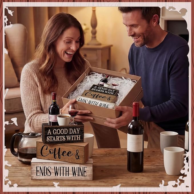 Lineshading 4 Pcs Farmhouse Table Decor Wooden Stacked Block Sign with Wine Bottle, Coffee Cup & Glass Sculpture a Good Day Starts with Coffee Ends with Wine Sign for Home & Bar Housewarming Gift