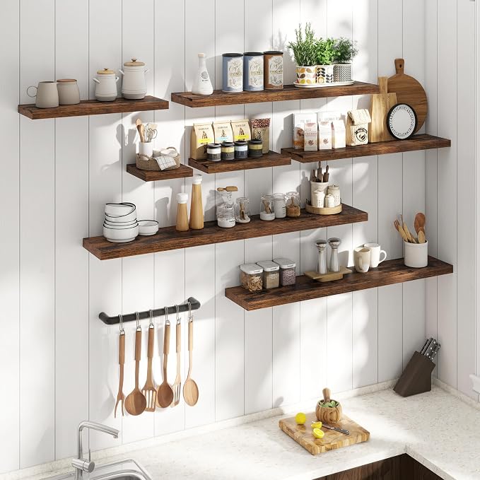 30 Inch Floating Shelves for Wall Set of 2, 8"D Wood Grain Bathroom Shelves with Invisible Brackets, Easy Install Engineered Wood Storage Shelves for Kitchen, Living Room, Bedroom, Rustic Brown Finish