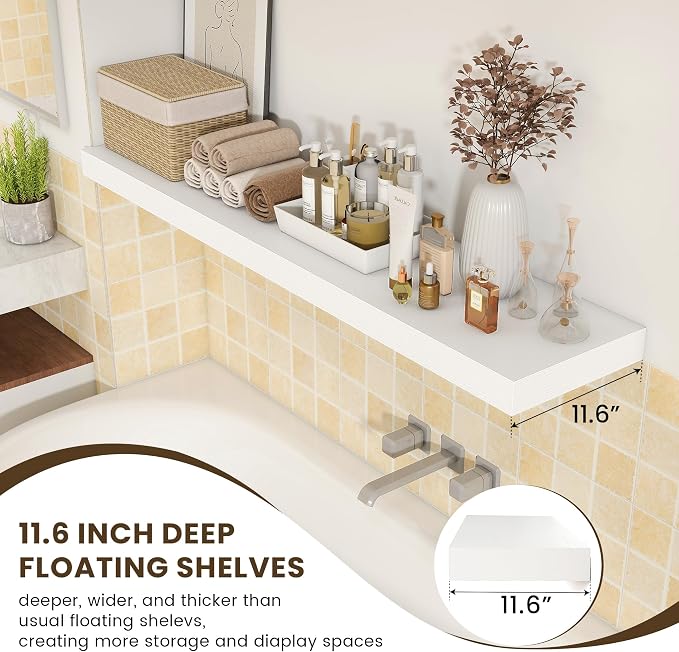 FLYJOE Deep Floating Shelves, 55 Inch White Shelves Set of 1 | 12 Inch Deep Shelves for Wall, 55'' x 12'' Rustic White Wood Shelves for Bathroom Living Room Laundry Room Kitchen