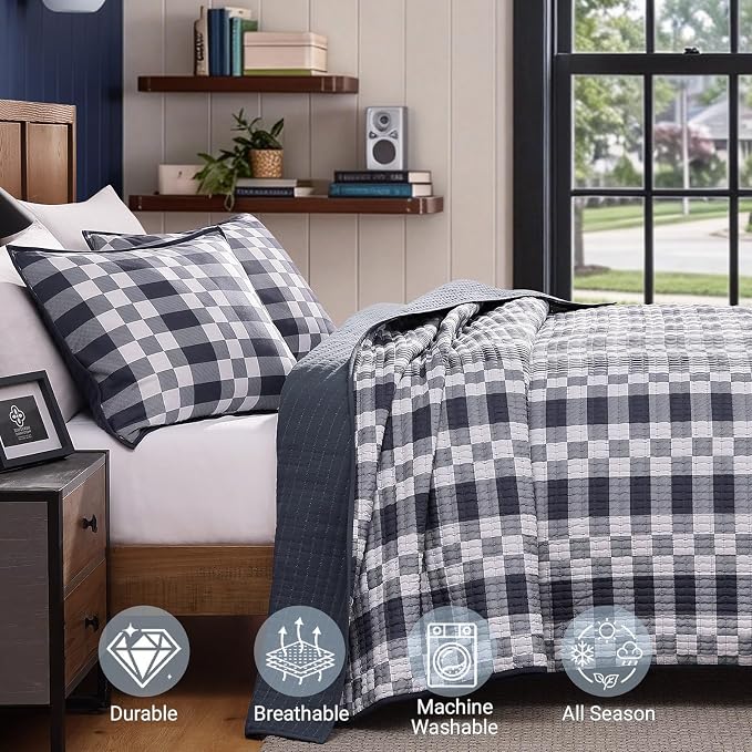 WRENSONGE Plaid King Quilt-3 Pieces Lightweight Bedspread Blue Grey Quilt King Size Quilt Bedding Set for All Seasons, Soft Summer Reversible Neutral Coverlet with 2 Pillow Shams