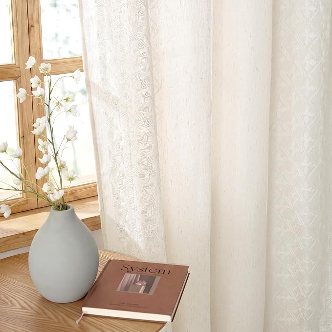 NICETOWN 102 Inches Long Curtains, Ivory White Boho Embroidered Cream Linen Textured Extra Long Drapes for High Ceiling, Geometric Pattern Window Treatment for Living Room/Loft, W52” x L102“