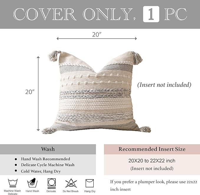 BlissBlush Gray Boho Decorative Throw Pillow Cover 20x20 Square Farmhouse Accent Cushion for Couch Sofa Livingroom Bedroom Pillowcase Modern Home Décor (Pack of 1)