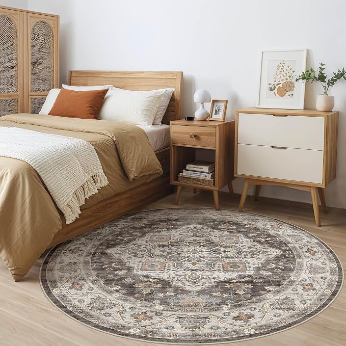 Round Rug Living Room Rugs: 8x8 Washable Boho Neutral Large Circle Soft Indoor Floral Stain Resistant Floor Farmhouse Carpet for Bedroom Nursery Kids Playroom Office Dining Room Dorm- Grey Brown