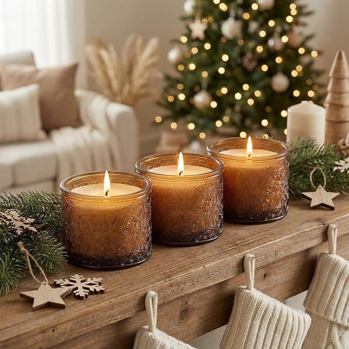 10 oz Mocha Mandala Glass Candle Jars with Bamboo Lids, 9 Pack | Patented Embossed Design, Includes Wick Centering Devices & Warning Labels, Multiple Color Options