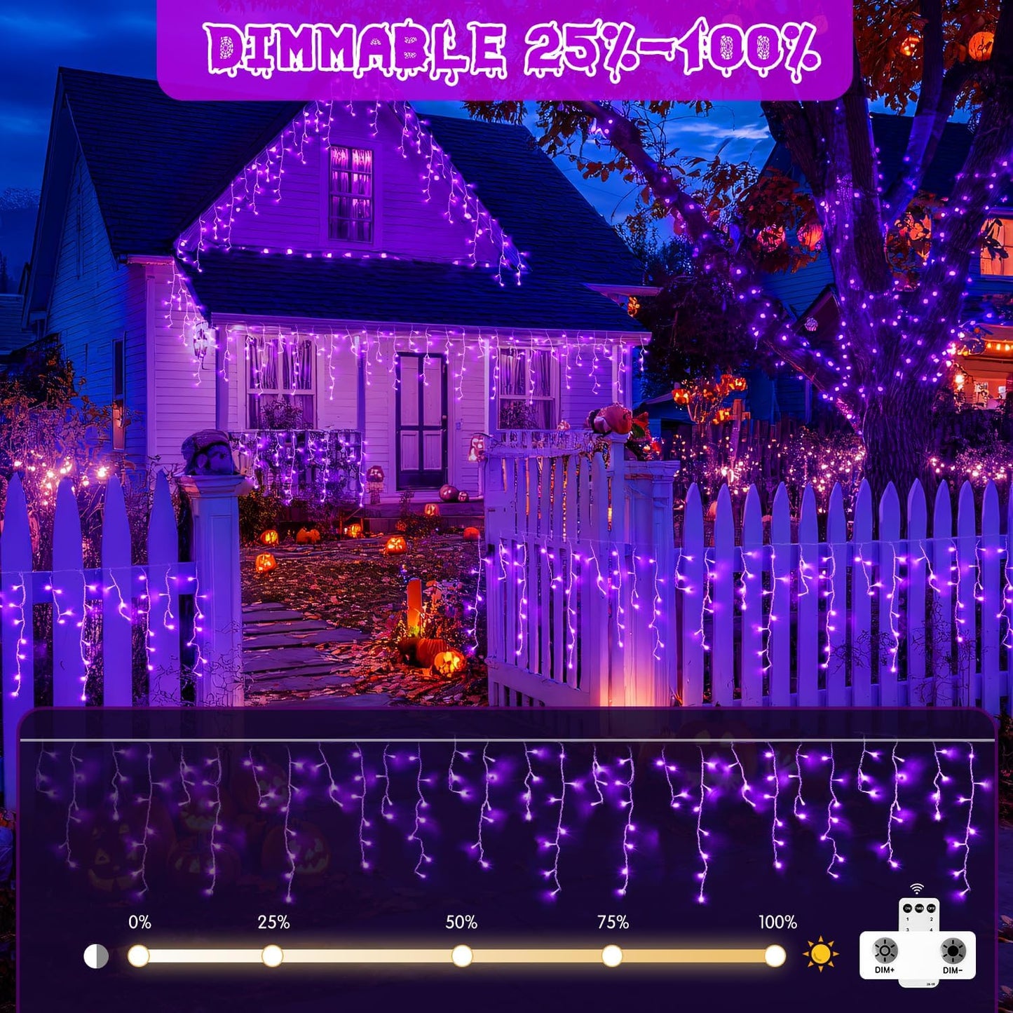 JMEXSUSS Purple Halloween Icicle Lights, 38.8 FT 400 LED Icicle Light Outdoor Waterproof, 8 Modes Purple Halloween Lights with 80 Drops Plug in for House Christmas Party Decorations