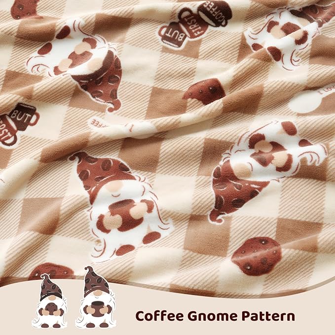 Cozy Bliss Gnome Coffee Throw Blanket - Warm MilkyPlush Throw Blankets,Ultra Soft Cozy Blankets for Couch,Sofa and Bed,Brown,50X60inches